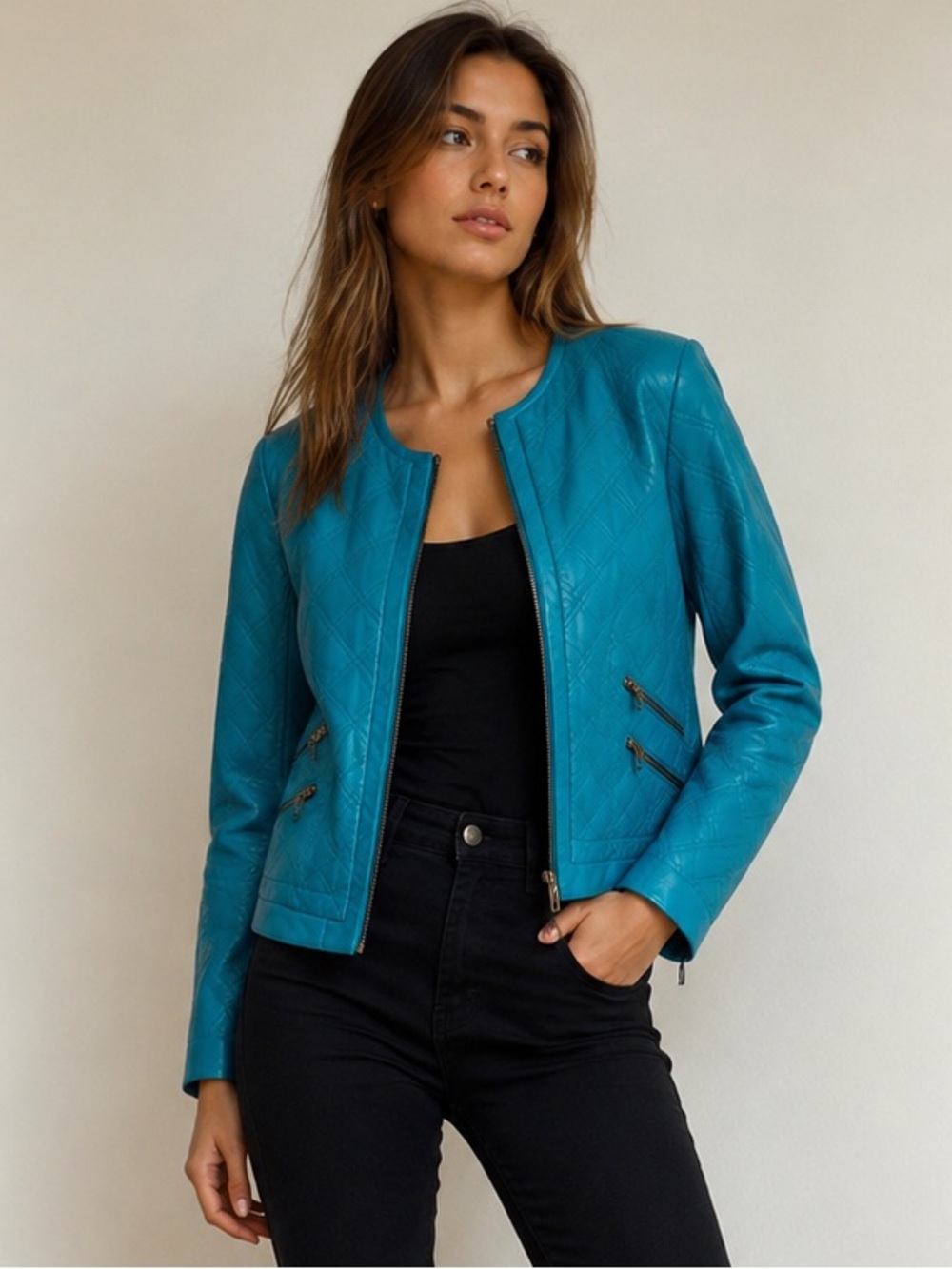 Stefanel Genuine Lamb Leather Turquoise Quilted Moto Jacket